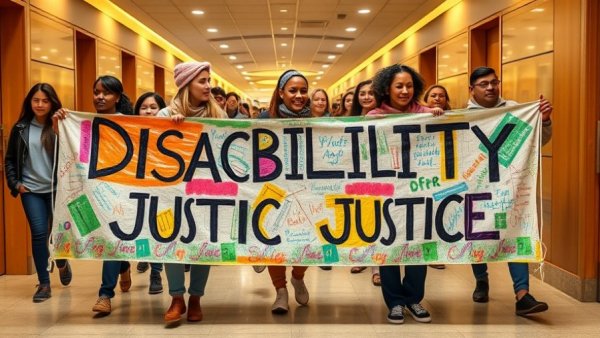 Activists rally for disability justice against budget cuts in a hallway.