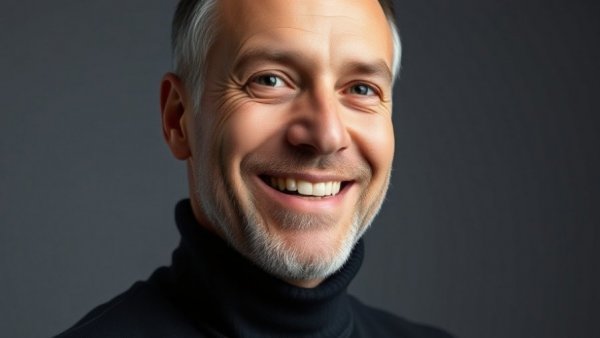 Close-up portrait of man smiling in black turtleneck.