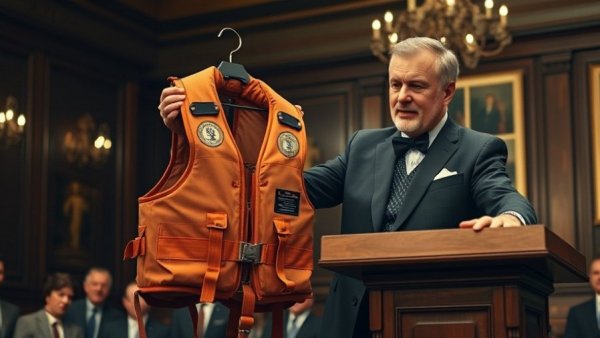 Auctioneer presents a Titanic survivor life-jacket at auction.