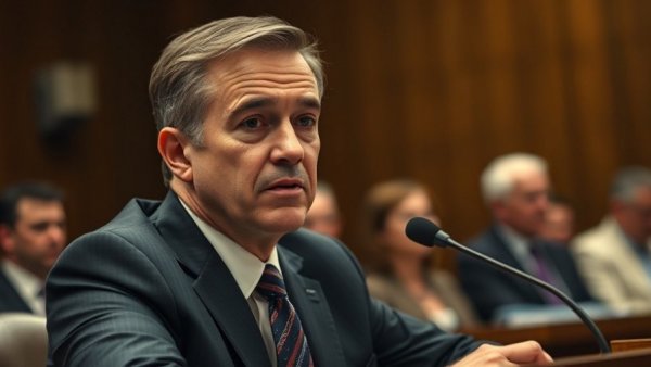 Middle-aged man in a suit at formal hearing, speaking into microphone.