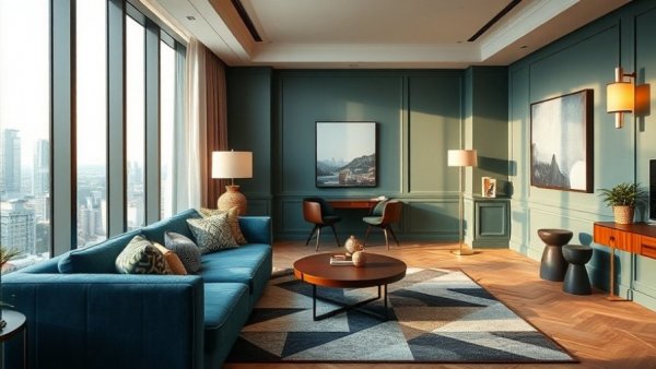 Chic modern hotel room with mid-century decor, elegant warm lighting.