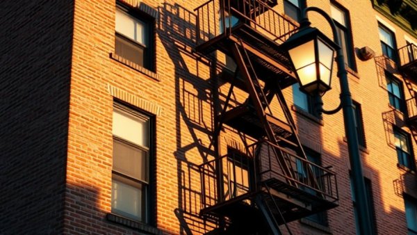 Urban apartment building with detailed shadows on facade.