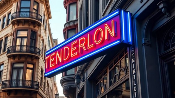 Neon Tenderloin sign on San Francisco building for local news.