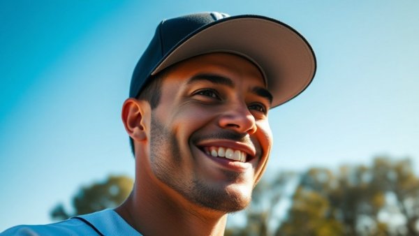 Smiling baseball player outdoors, bright day