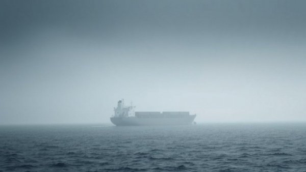 Cargo ship in misty Strait of Hormuz, calm scene with distant vessel.
