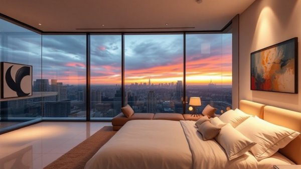Luxurious Olle Lundberg-designed home bedroom with city view.