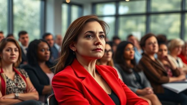 Focused woman in a meeting on San Francisco crime rates.