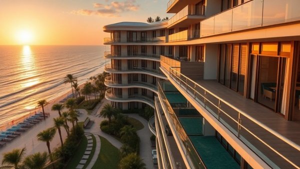 Luxury boutique hotel with stunning ocean sunset view.