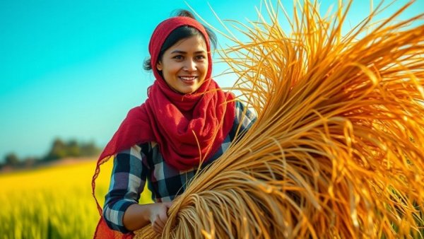 Female worker in field handling hay, related to Iran war global food catastrophe.