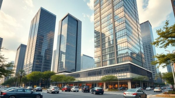 San Francisco office market with modern buildings and busy street.
