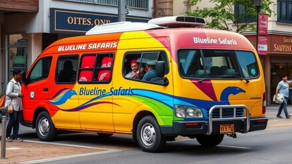 Blueline Shuttle near booking office, urban street setting