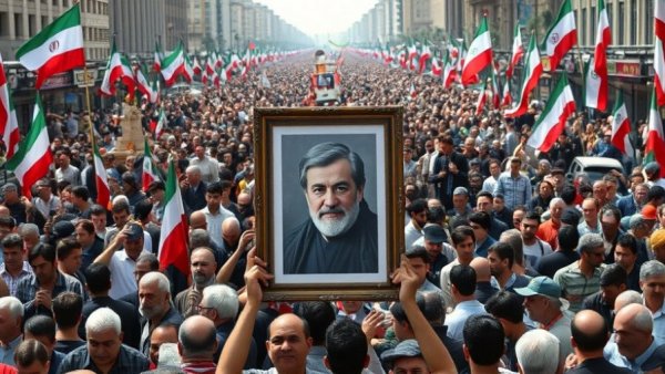 Iranian crowd with portrait depicting military leadership change, vibrant scene.