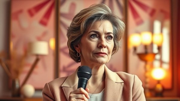 Woman discussing San Francisco politics in modern setting.