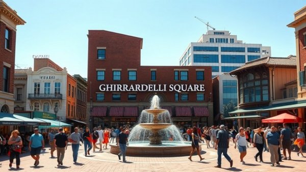 Bustling Ghirardelli Square San Francisco with visitors and signage