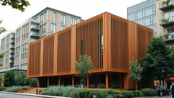 Modern wooden building exterior in urban setting