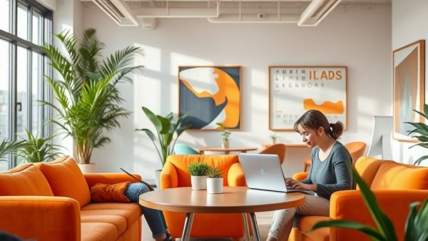 Casual coworking space for digital nomads, bright modern design.