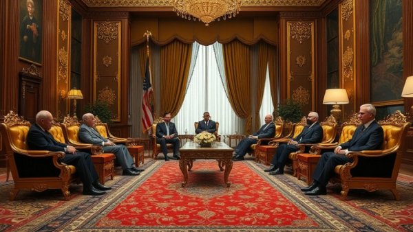 Diplomatic meeting in opulent room with U.S.-Iran Peace Talks theme.