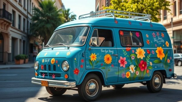 Decorative van with flower decals in urban setting, highlighting biodiversity.