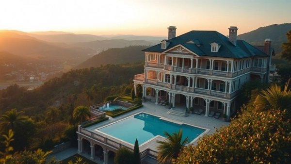 Bay Area luxury home overlooking scenic valley at sunset.