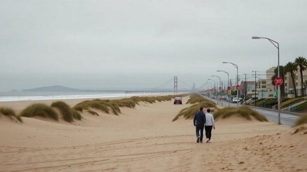 San Francisco local news: Two people walking on Ocean Beach path under cloudy sky.