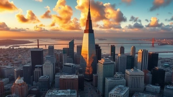 San Francisco skyline with iconic buildings at sunset.