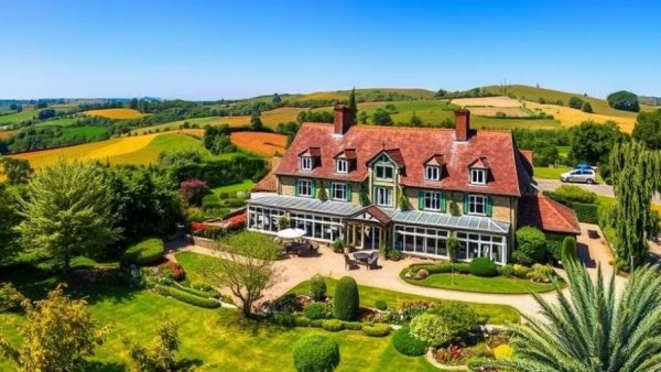 Charming luxury boutique hotel in a serene countryside setting with gardens.
