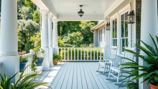 Charming porch of luxury boutique hotel with blue accents.