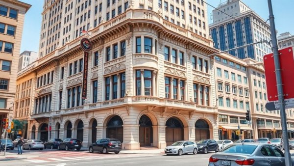 Stately historical building on a San Francisco street, bright day.