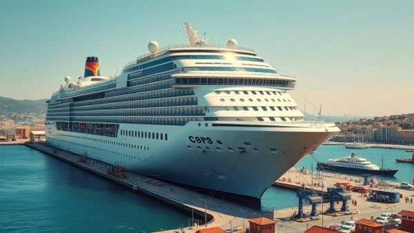 Large cruise ship docked at a port with city buildings.