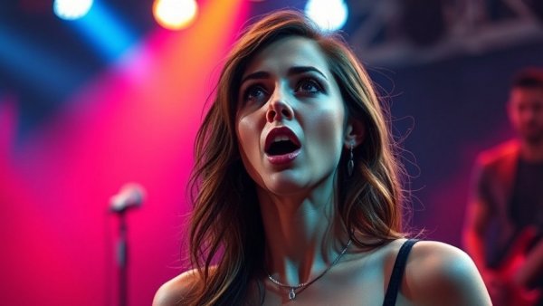 Stunning female performer on stage with surprised expression at a lively concert.