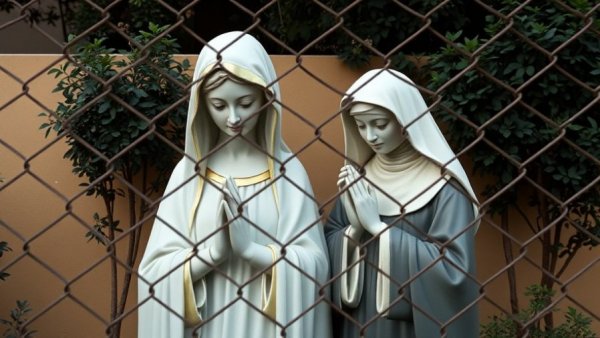 Statues of Mother Mary and nun behind fence, serene setting.