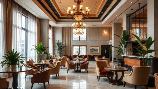 Luxurious boutique hotel lobby with chandeliers and lush decor