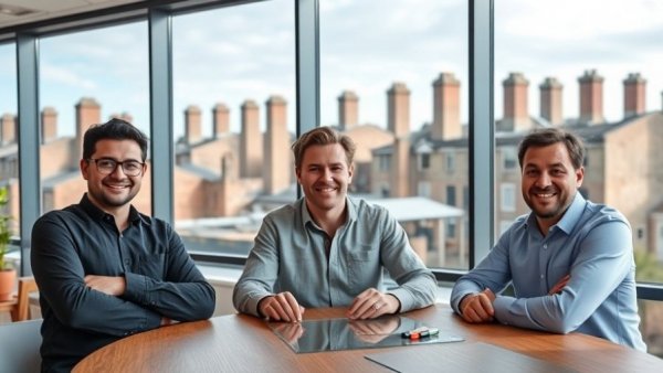 Three men in office with urban view, casual and relaxed.
