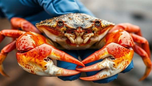 Dungeness crab held by gloved hand, fresh catch, outdoor scene.