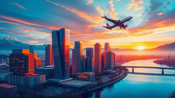 Vibrant cityscape illustration with airplane and mountains.