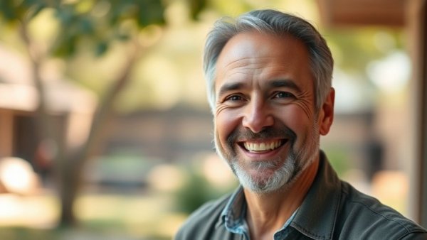 Smiling man in outdoor setting with blurred nature background.
