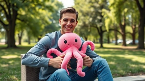 Man holding pink octopus plush in a park, symbolizing Octopus Energy U.S. expansion.