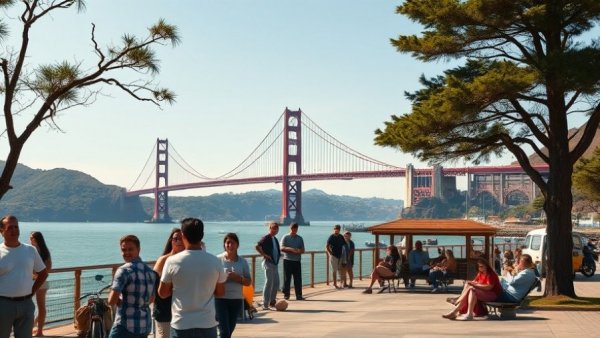 San Francisco Bay area with people near Golden Gate Bridge.