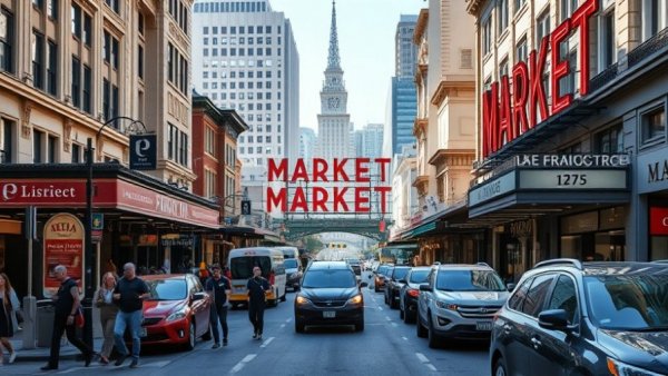 San Francisco Market Street bustling with pedestrians and traffic.