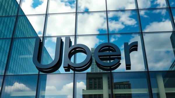 Uber logo on glass building reflecting sky, Uber hotel booking feature.