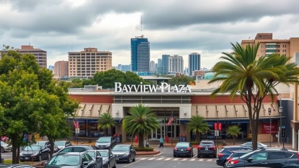 Bayview Plaza San Diego commercial area with signage and cars