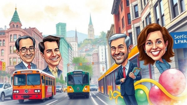 Colorful cartoon of District 4 race illustrating war on cars.