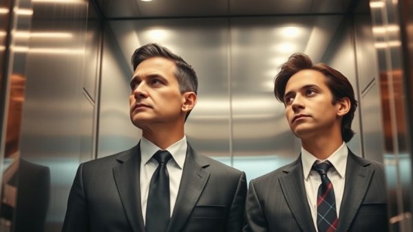 SF News: Businessmen in elevator, serious expressions.