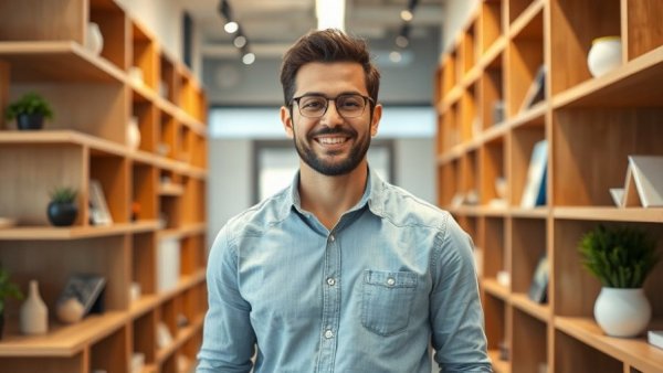 Person standing in office with wooden shelves and decor items.