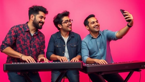 Musicians in a vibrant pink setting, casually posing with keyboards.