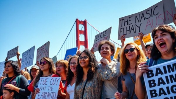 Group protesting for rights in San Francisco with bridge backdrop.