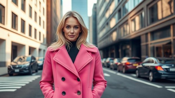 Blonde woman in pink coat, city street, Kesha Moving to San Francisco.