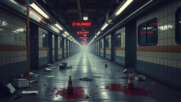 Crime scene in NYC subway with evidence markers and debris.