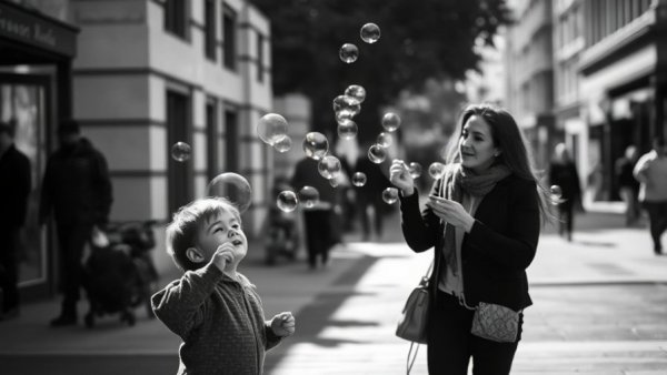 San Francisco local news: Joyful child and woman with bubbles at Port of San Francisco.