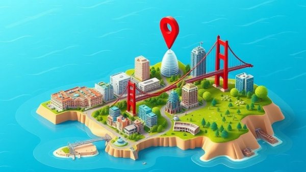 3D isometric map of San Francisco with landmarks and location marker.